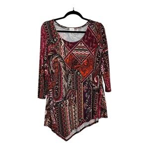 CUPiO Paisley Print Asymmetrical Hem Long Sleeve Tunic Top Womens Size M